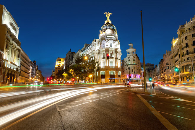 Alcala and Gran Via Street in Madrid at Night.